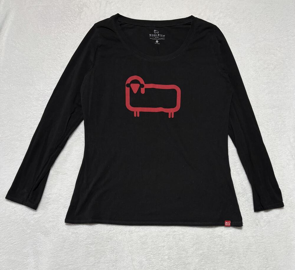 Woolrich Shirt Womens Large Black Long Sleeve Sheep Logo Graphic Scoop Neck